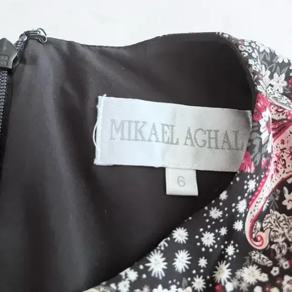 Mikael Aghal Pleated Printed Black Long Sleeve Crepe de Chine Maxi Dress  Size 6 - coffeafoods.com
